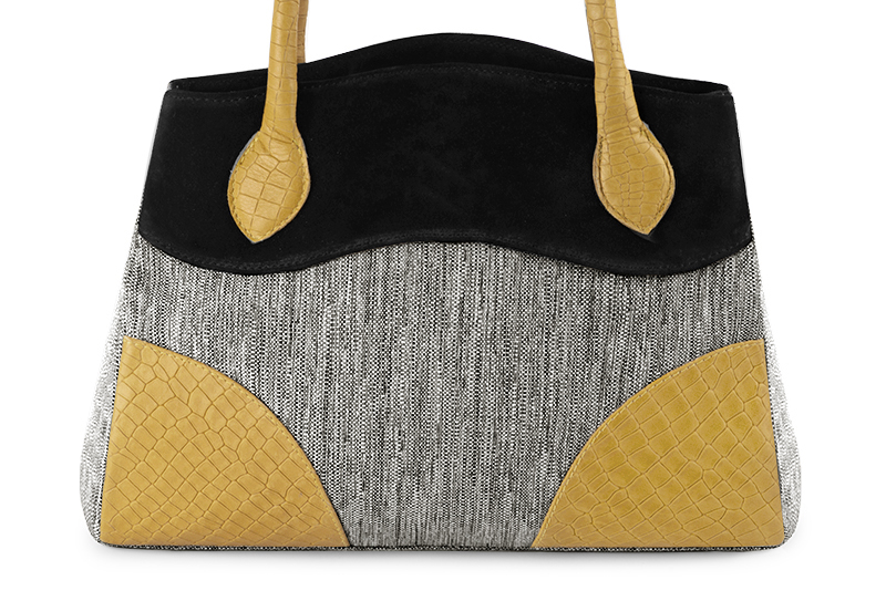 Ash grey, matt black and mustard yellow women's dress handbag, matching pumps and belts. Profile view - Florence KOOIJMAN